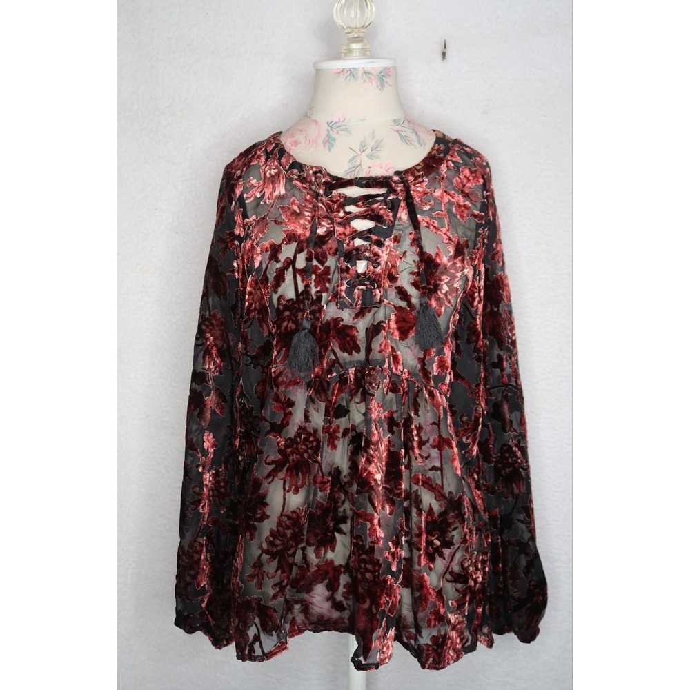 Shyanne Women Velvet Burnout Blouse Top S Burgundy Floral Paisley Lace Up Sheer